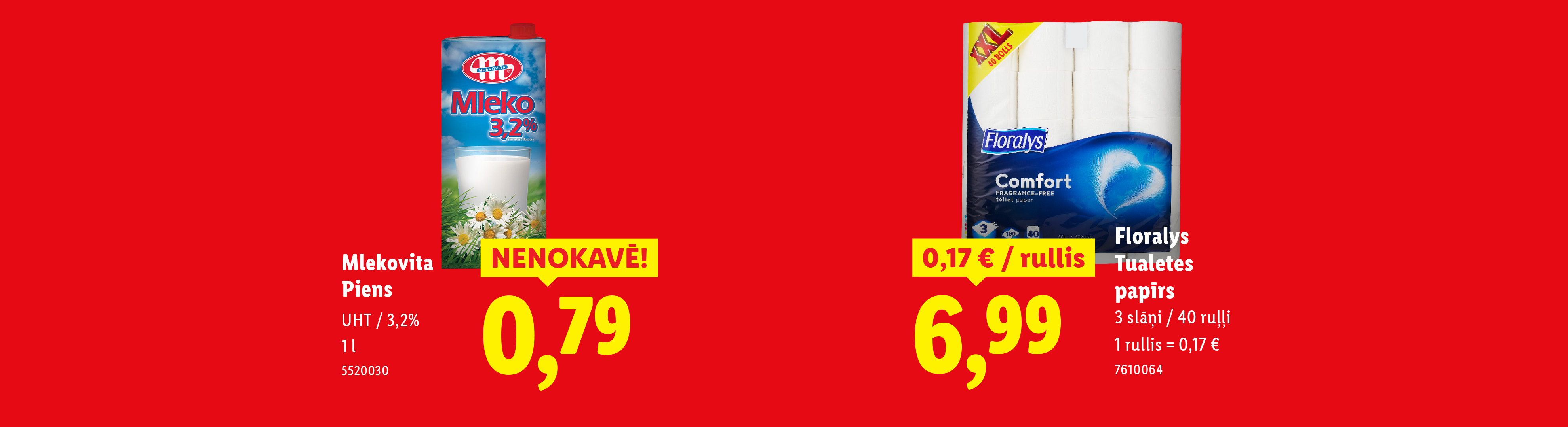 Piena un tualetes papīra piedāvājumi uz sarkana fona.