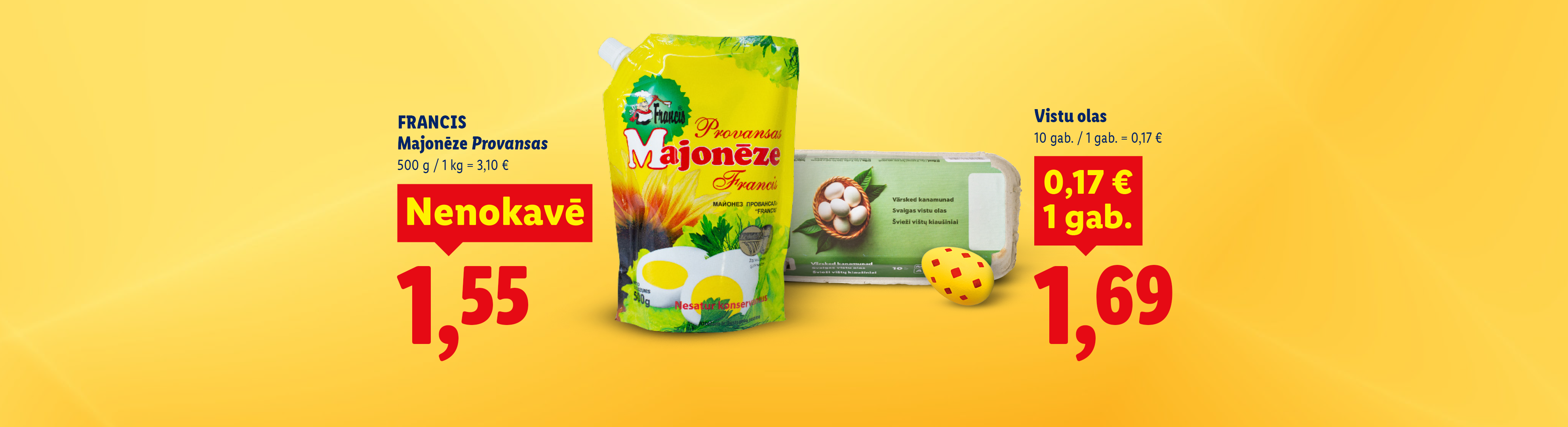 Majonēze un olas uz dzeltena fona ar cenām.