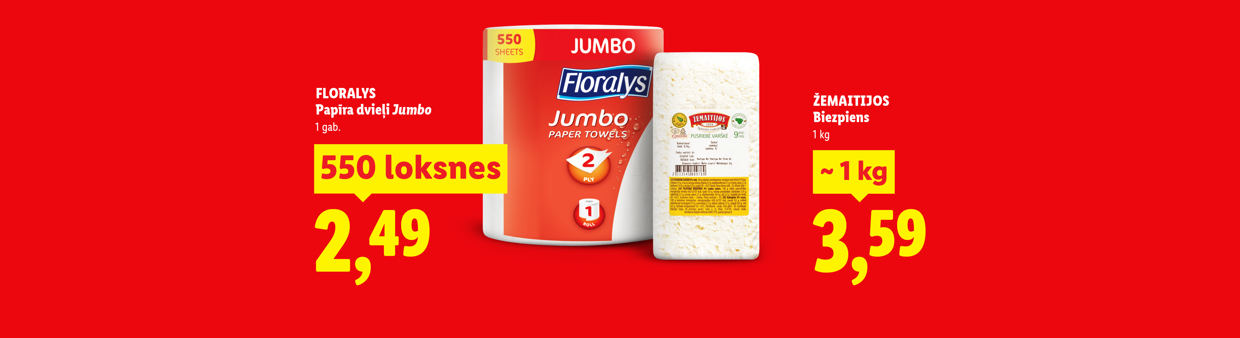 Reklāmas plakāts ar papīra dvieļiem un biezpienu, ar cenām un svaru.