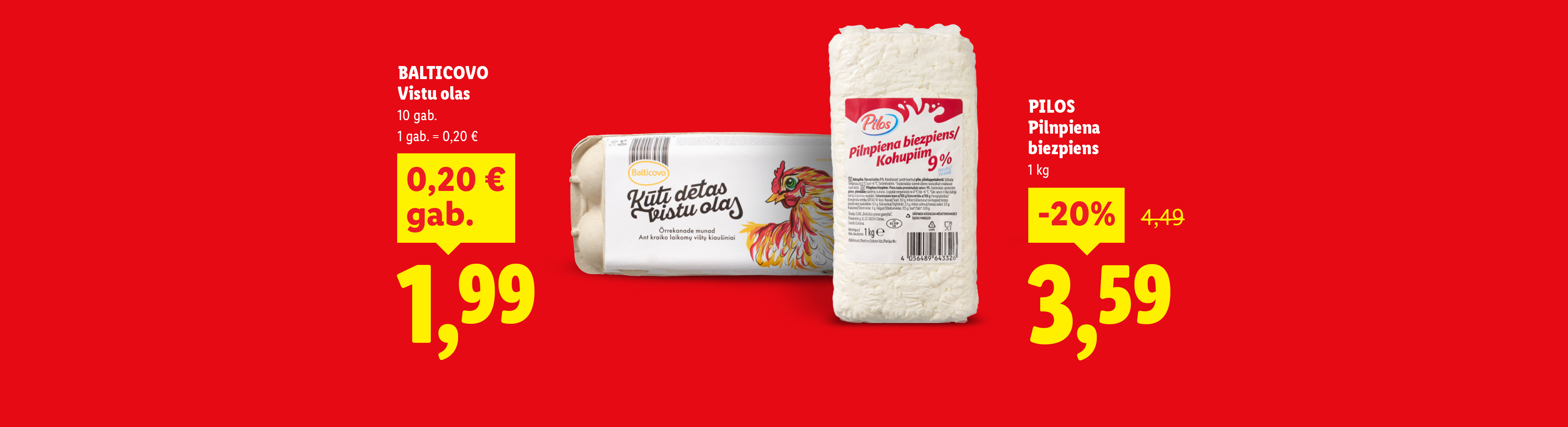 Reklāmas plakāts ar vistu olām un biezpienu, ar cenām un atlaidēm.