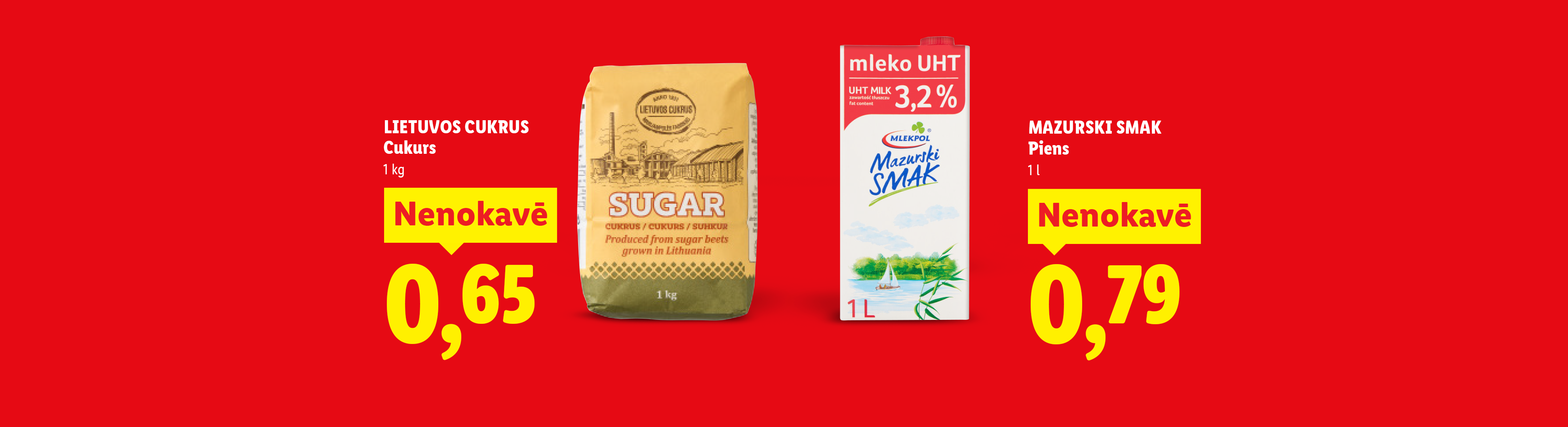 Sarkans fons ar cukuru un pienu, abi produkti ir akcijā.