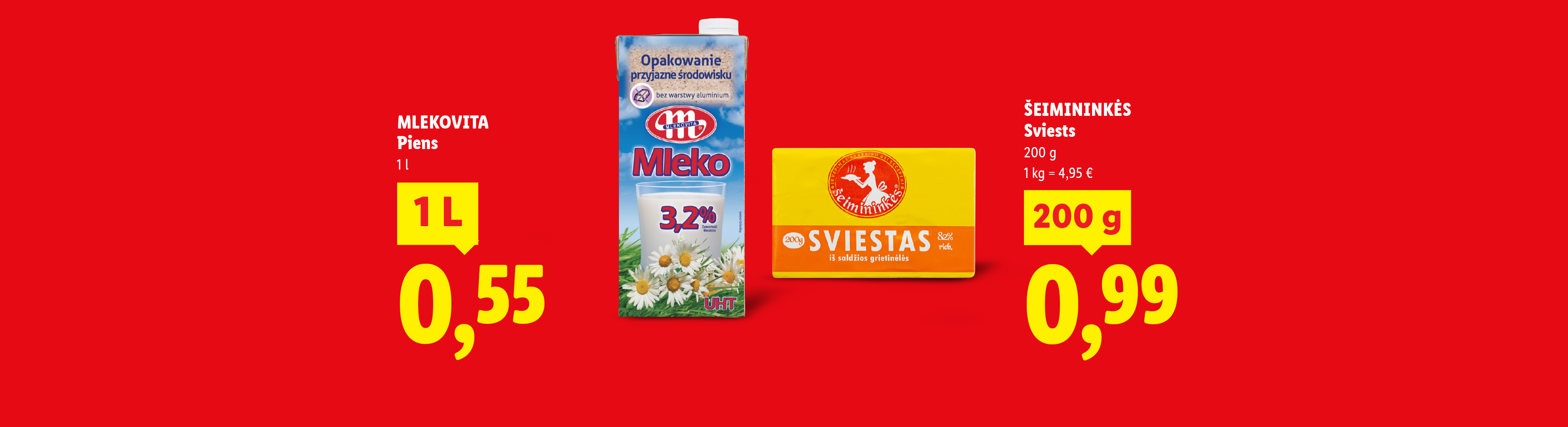 Piena un sviesta piedāvājums ar cenām uz sarkana fona.