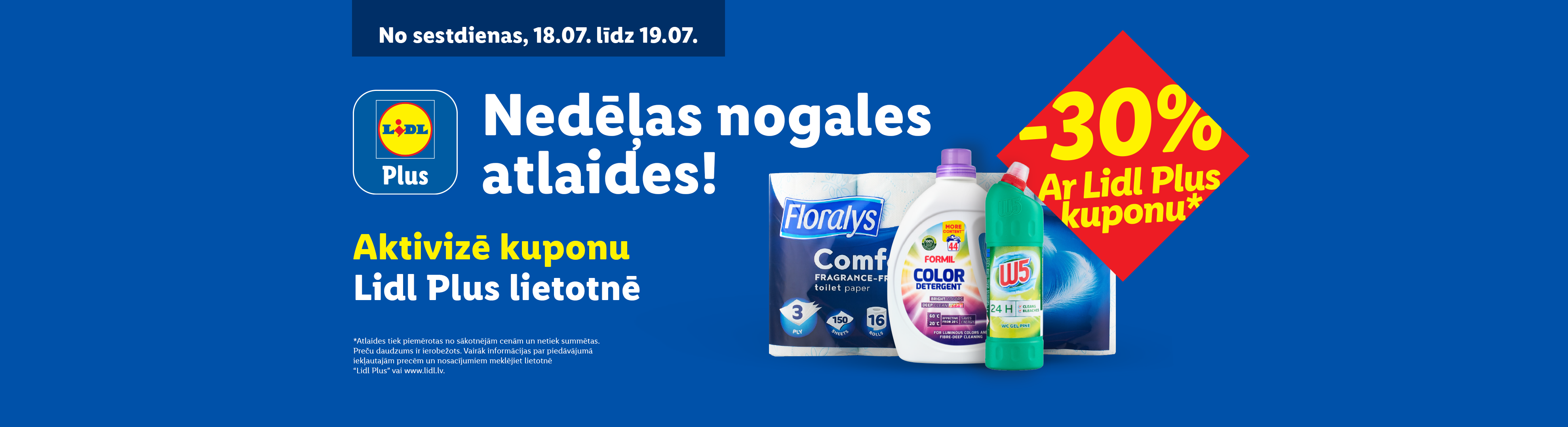 Lidl Plus nedēļas nogales atlaides ar 30% atlaidi tualetes papīram, veļas mazgāšanas līdzeklim un tualetes tīrīšanas līdzeklim.