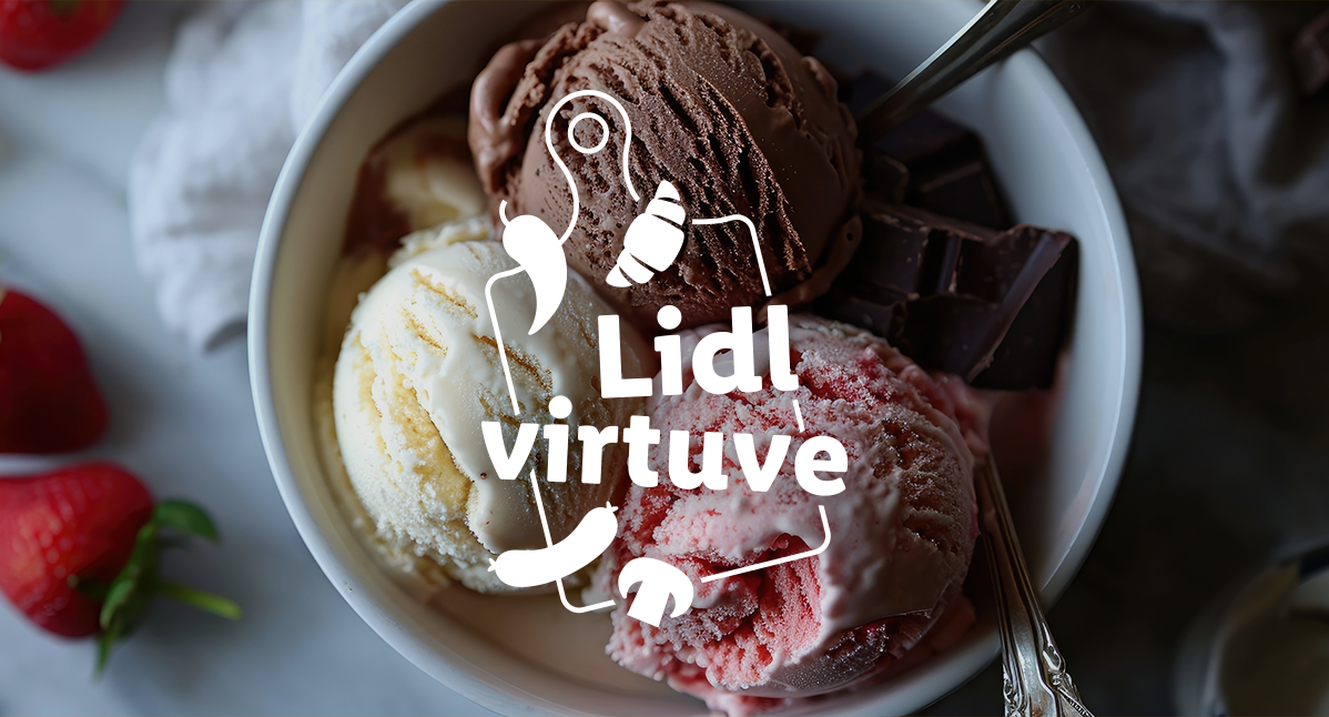 Lidl saldējums: šokolāde, vaniļas, zemenes un tumšā šokolāde.