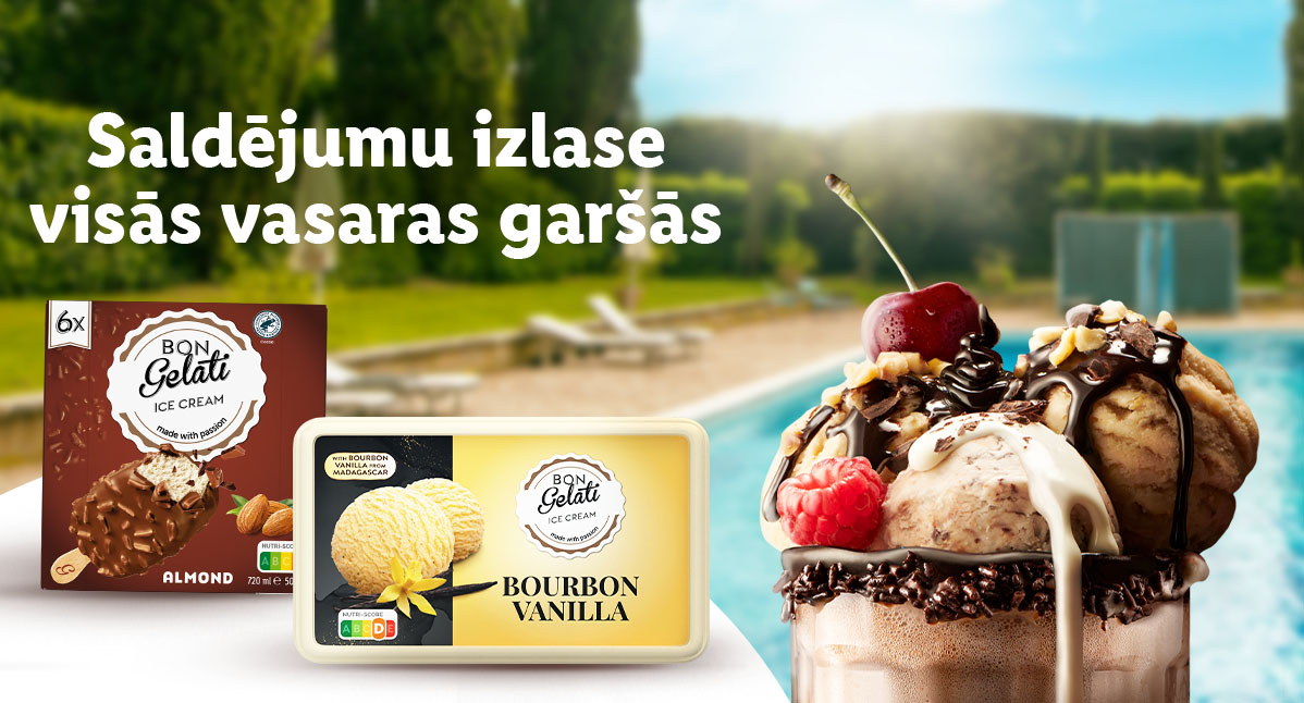 Bon Gelati saldējums: mandeļu ledus batoniņi un Bourbon Vaniljas trauciņš.