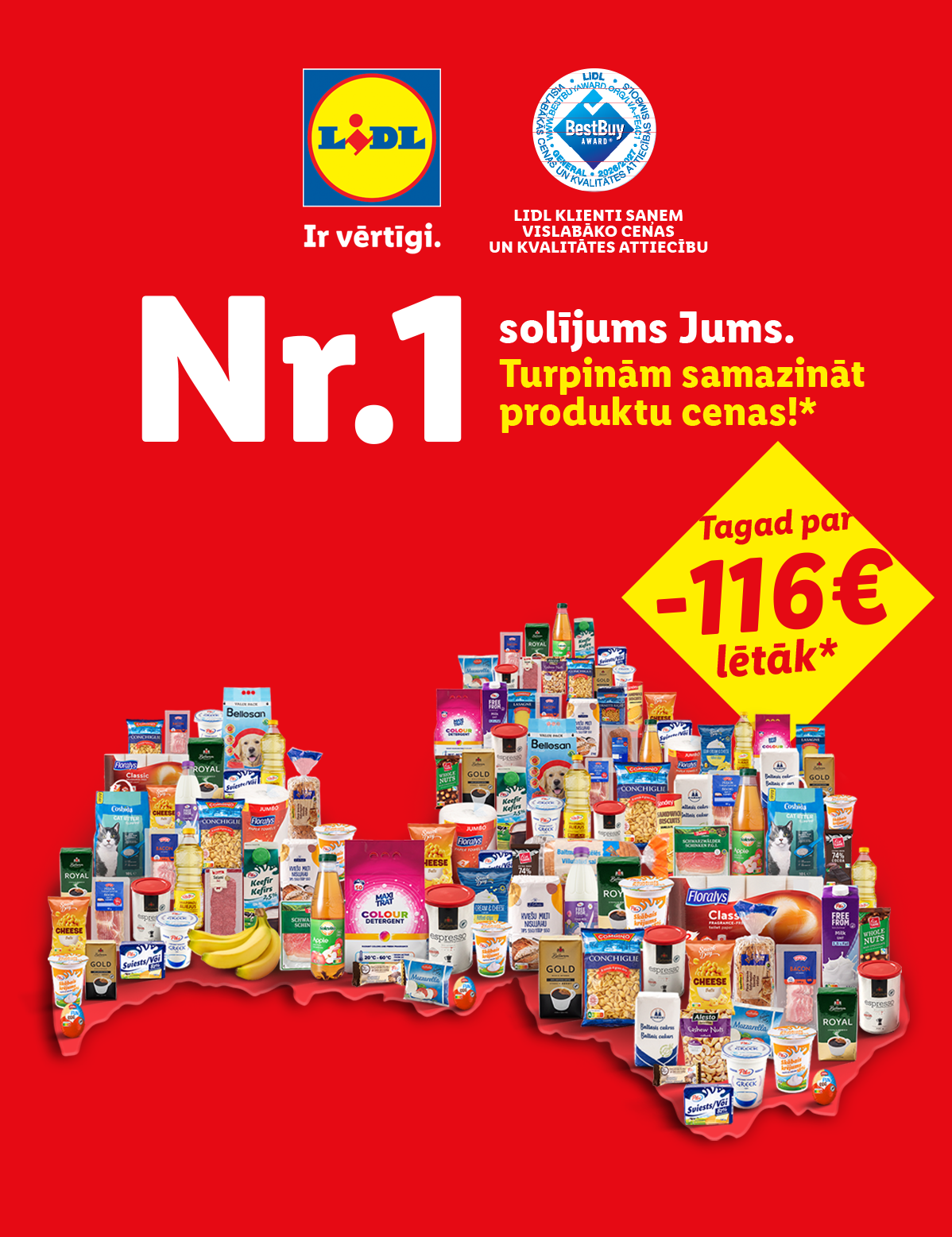 Lidl reklāma ar pārtikas un mājsaimniecības precēm, kas izvietotas Latvijas kartes formā, ar uzrakstu 'Nr.1 solījums Jums. Turpinām samazināt produktu cenas!' un 'Tagad par -116€ lētāk'.