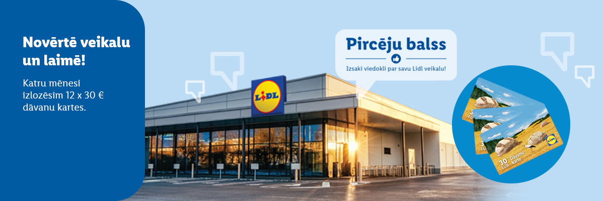 Lidl reklāmas baneris ar aicinājumu novērtēt veikalu un laimēt dāvanu kartes.