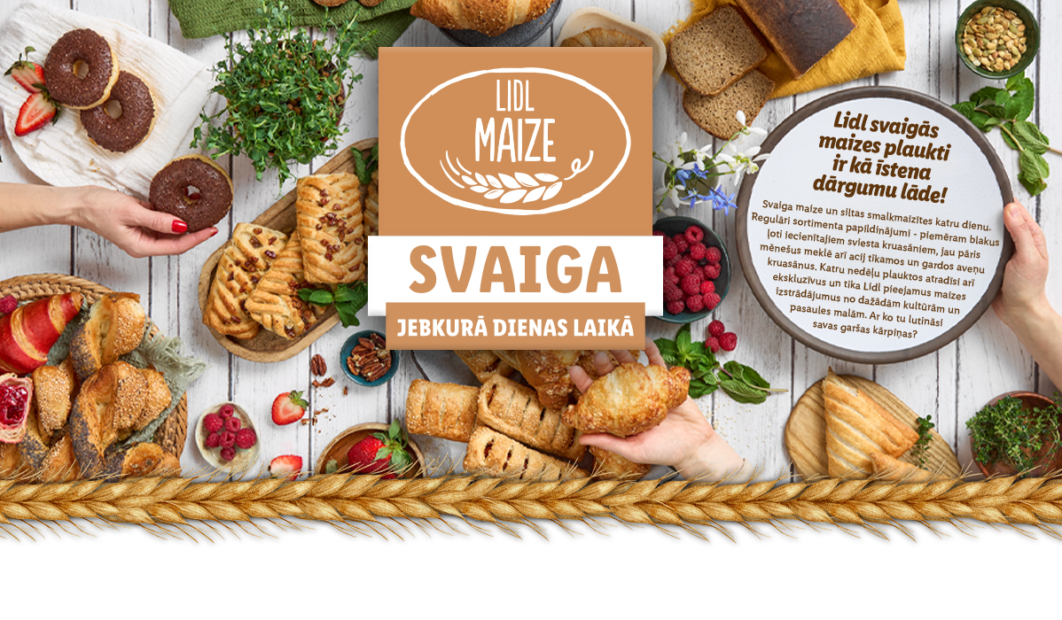 Lidl konditorejas izstrādājumi: kruasāni, konditorejas izstrādājumi un donatsi.
