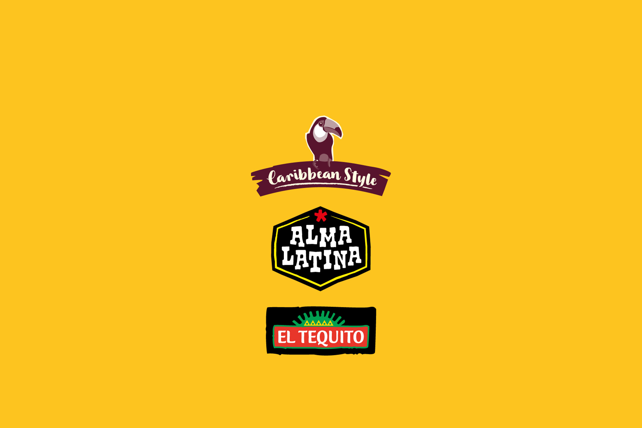 Trīs logotipi uz dzeltena fona: tukanu logotips ar uzrakstu 'Caribbean Style', sešstūra logotips ar uzrakstu 'Alma Latina' un taisnstūra logotips ar uzrakstu 'El Tequito'.