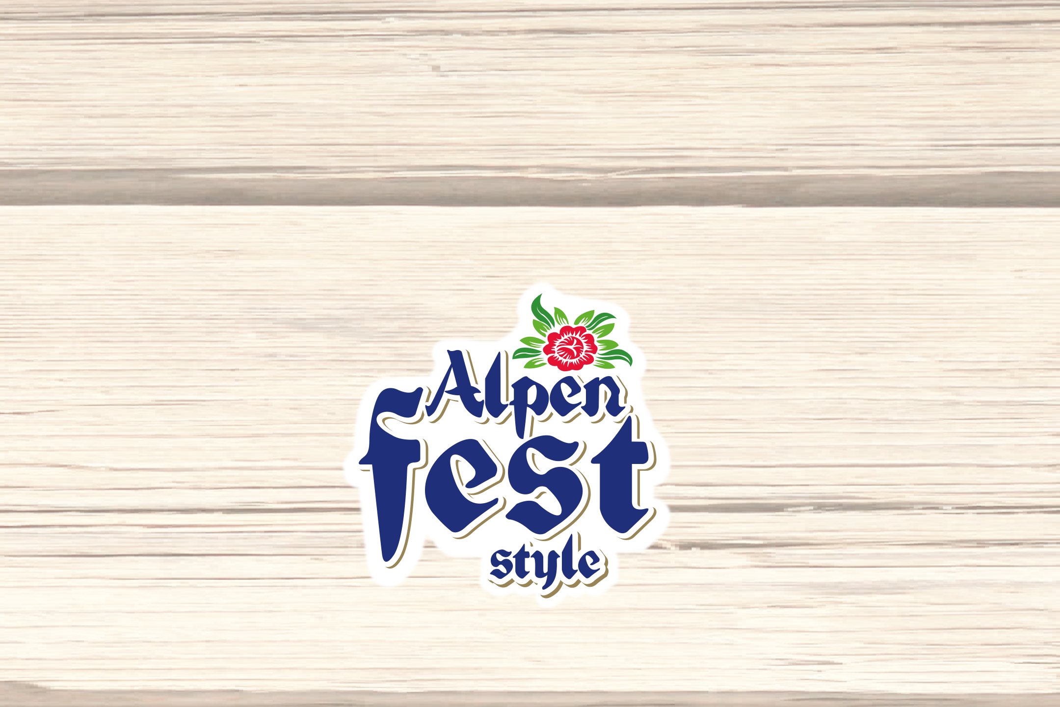 Alpenfest stila logotips ar sarkanu ziedu un zaļām lapām uz koka fona.