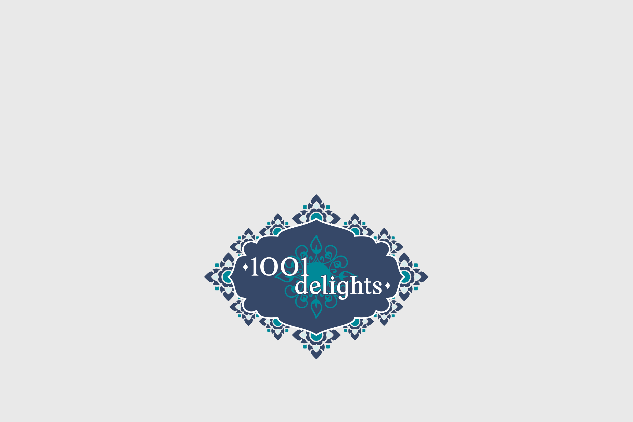 Logotips '1001 delights' austrumu stilā ar ziliem un tirkīza rakstiem.