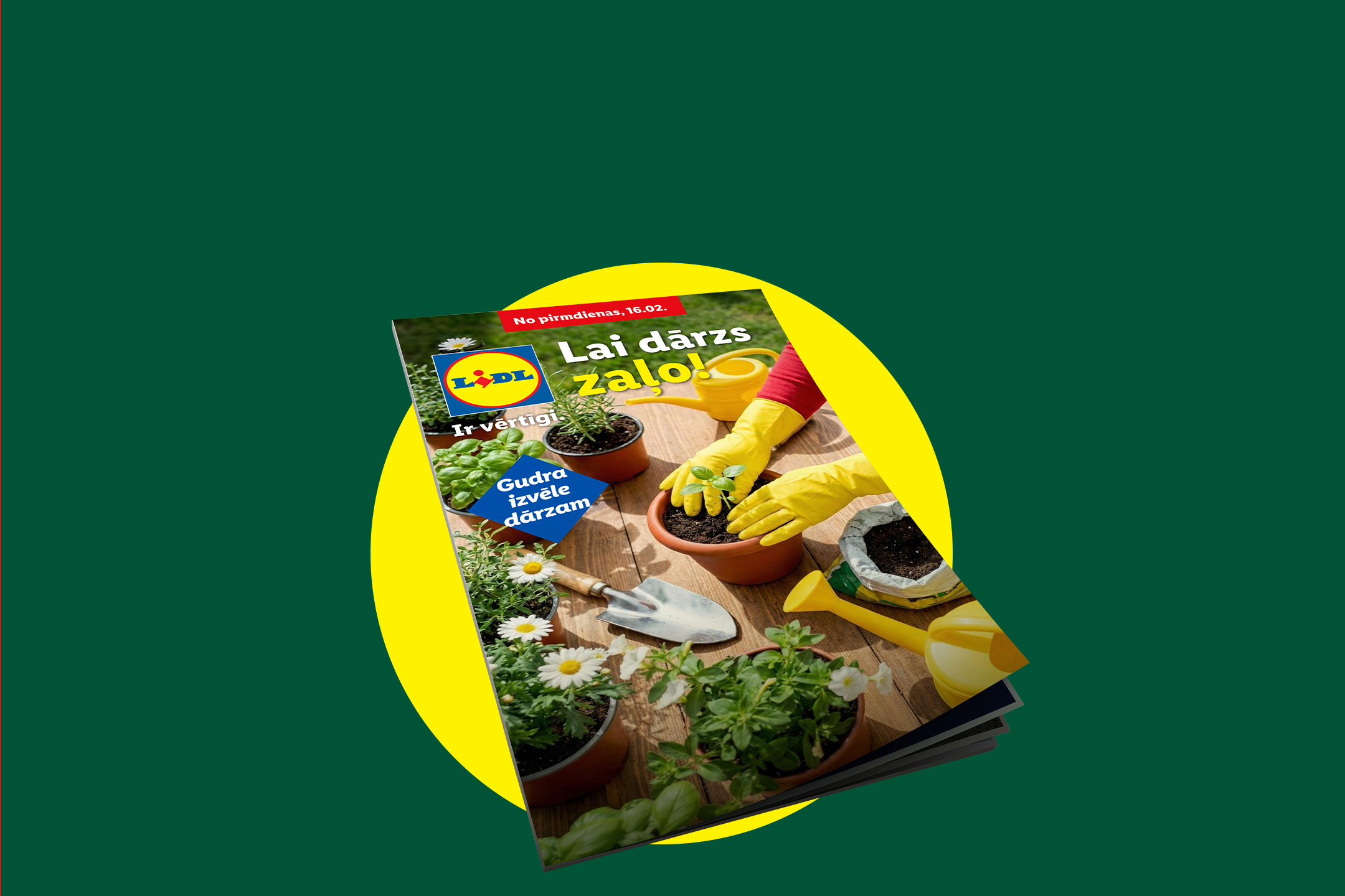 Каталог с товарами для сада, на обложке которого изображены руки в перчатках, сажающие растение.