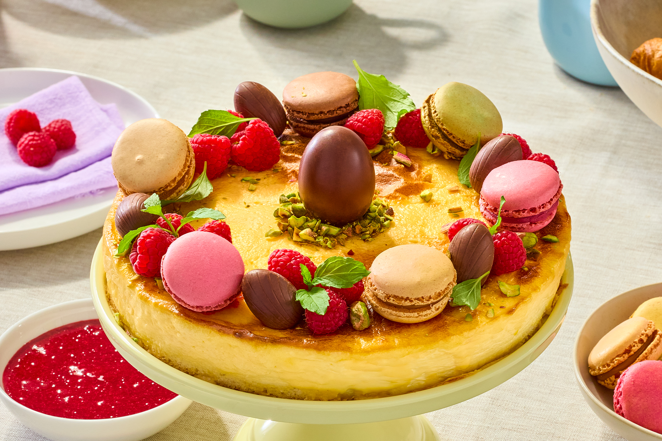 Siera kūka ar makaroniem, šokolādes olām, avenēm un pistācijām uz gaiša galda.