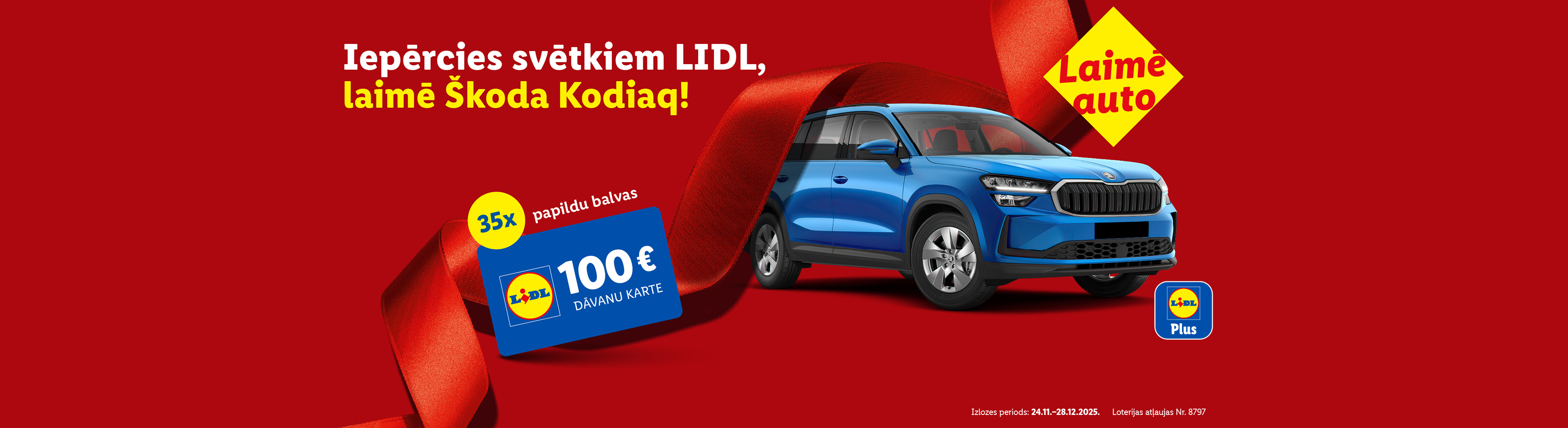 Lidl akcija: laimē Škoda Kodiaq auto vai 100€ dāvanu karti, ar 35 papildu balvām.