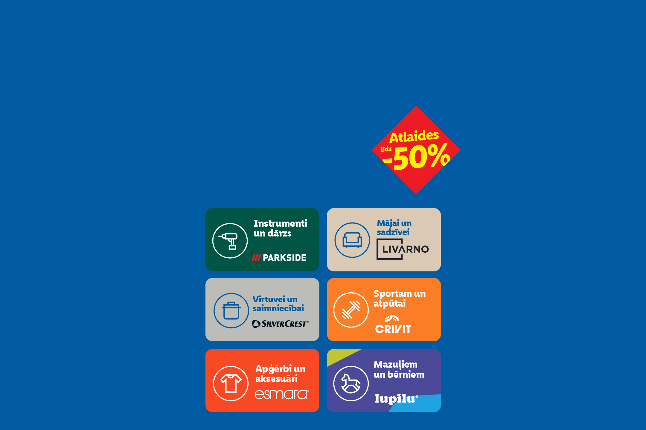 Atlaides līdz 50% mājai, dārzam, virtuvei, sportam, apģērbam un bērnu precēm.