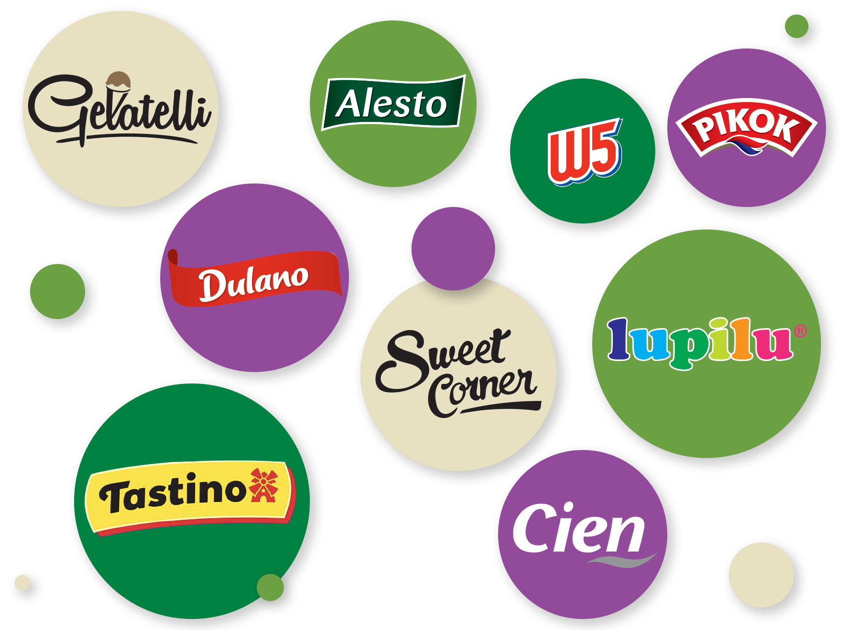 Логотипы собственных торговых марок Lidl: Gelatelli, Dulano, Tastino, Sweet Corner, Alesto, W5, Pikok, Lupilu, Cien.