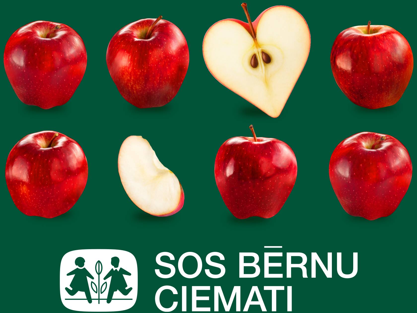 Sarkani āboli, viens no tiem sirds formā, uz zaļa fona ar SOS Bērnu ciematu logotipu.