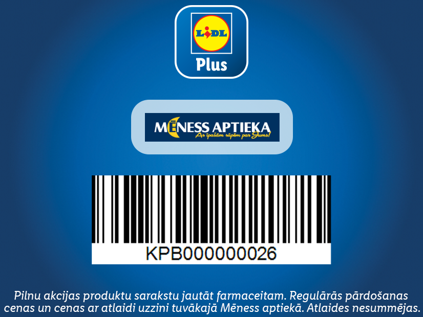 Рекламный плакат Lidl Plus и Mēness Aptieka с штрих-кодом и информацией об акциях.