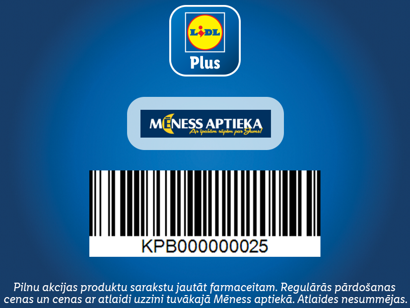 Lidl Plus logotips, Mēness Aptieka logotips un svītrkods ar tekstu par atlaidēm.