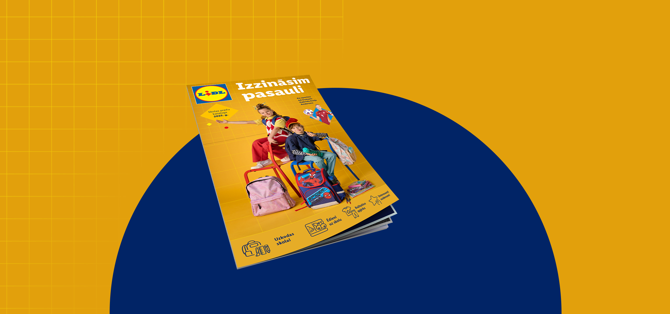 LIDL skolas preču katalogs 2025. gadam ar mugursomām un citiem skolas piederumiem.