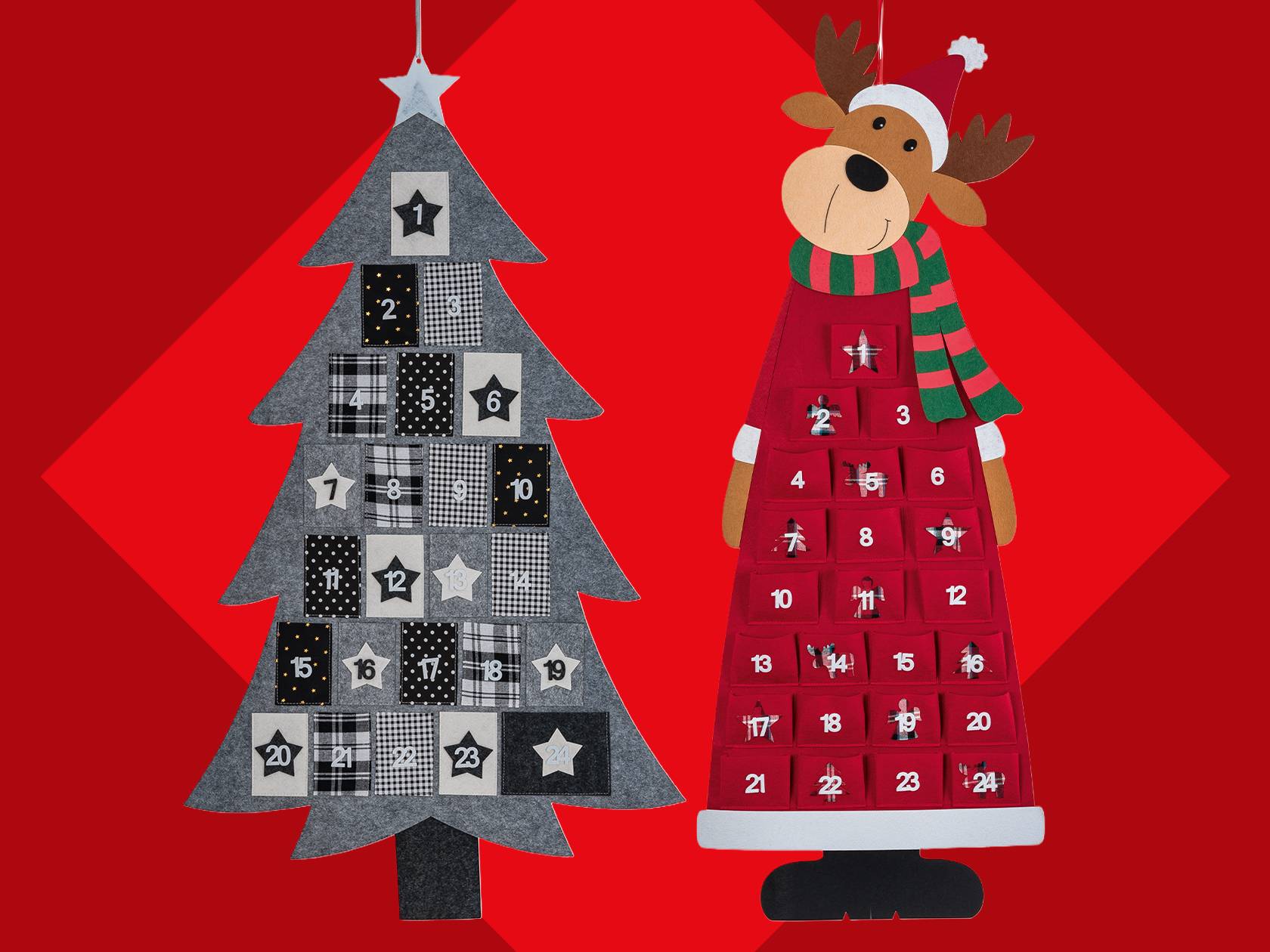 Divi Ziemassvētku adventes kalendāri: pelēka eglīte un sarkans ziemeļbriedis.