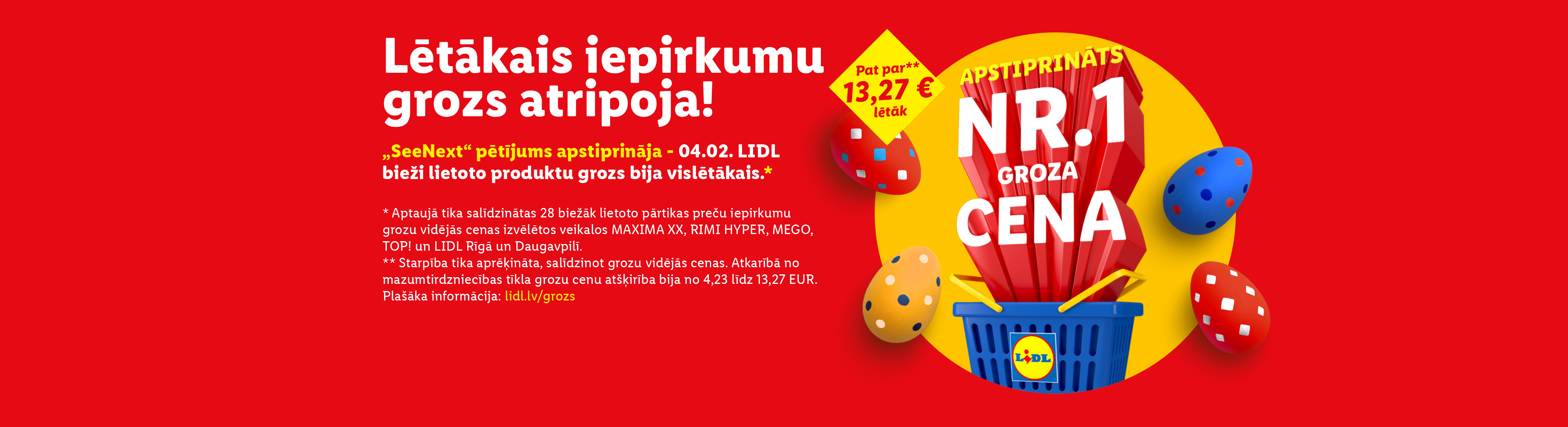 Sarkans fons ar tekstu par lētāko iepirkumu grozu, dzeltens aplis ar uzrakstu “Nr.1 cena” un zils grozs ar Lieldienu olām.