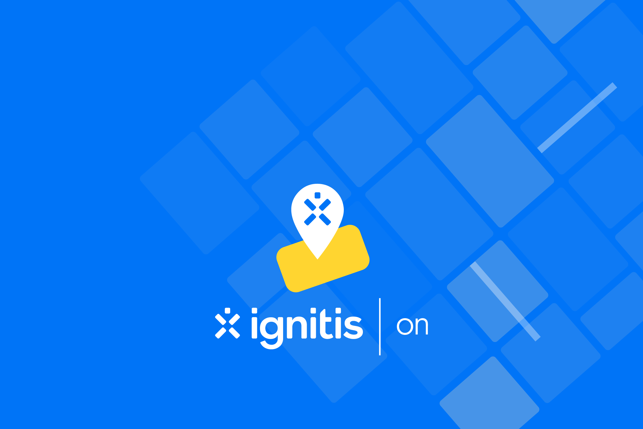 Логотип с символом местоположения и названием компании на синем фоне с геометрическим узором.