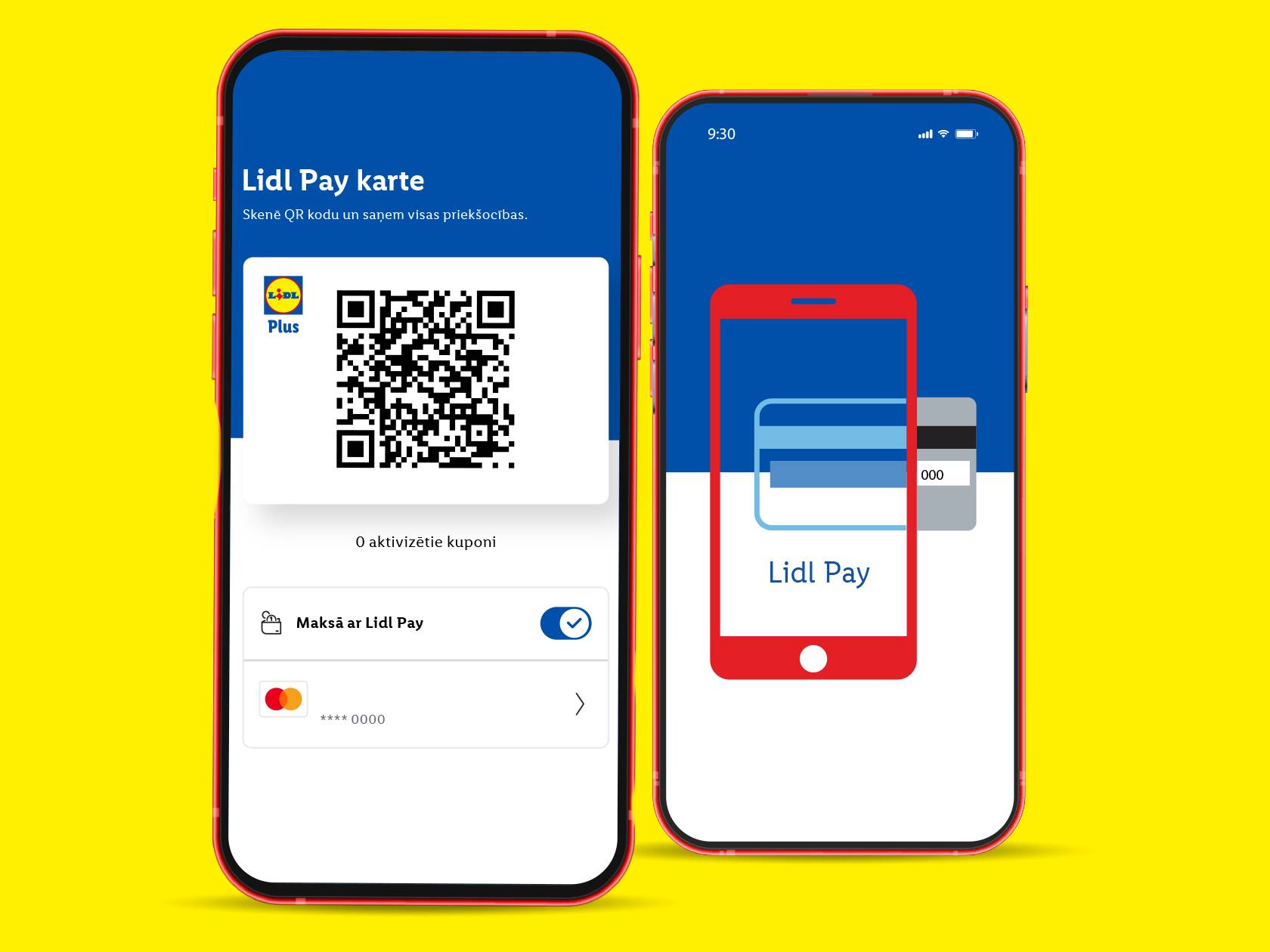 Divi viedtālruņi ar Lidl Pay lietotni, kas rāda QR kodu un maksājumu iespējas.