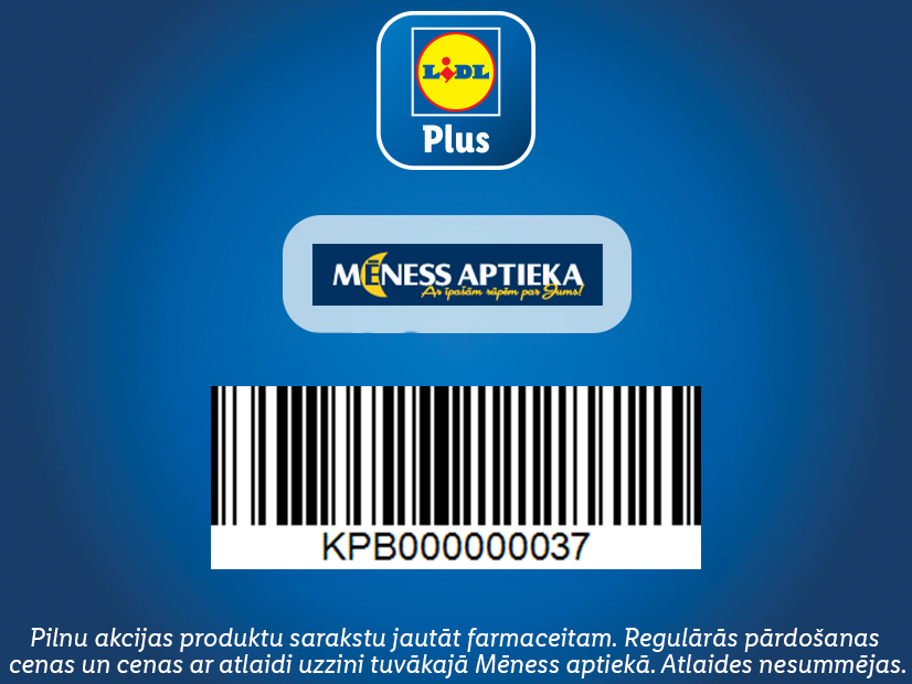 Lidl Plus logotips, Mēness aptiekas logotips un svītrkods ar tekstu KPB000000037, kā arī informācija par akcijas produktiem.