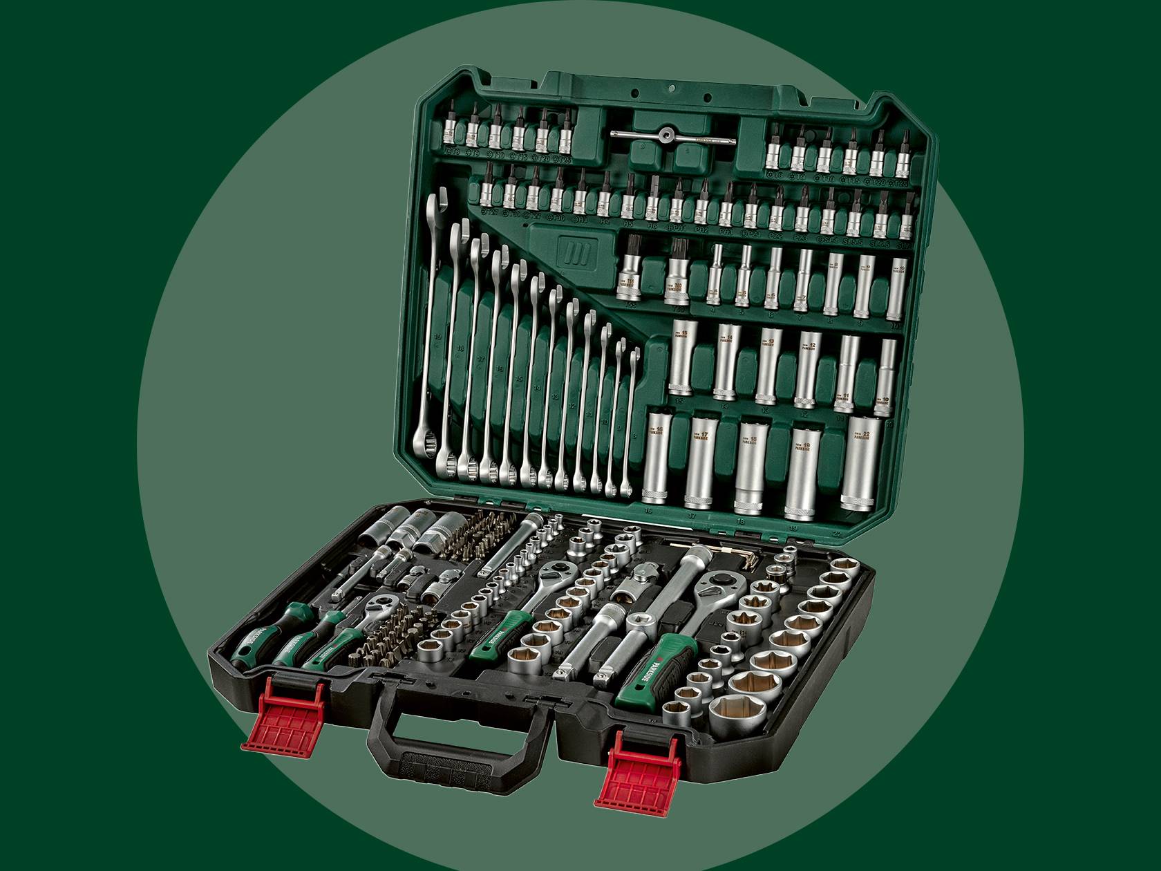 PARKSIDE instrumentu komplekts ar uzgriežņu atslēgām, uzgaļiem un sprūdatslēgām zaļā futlārī.