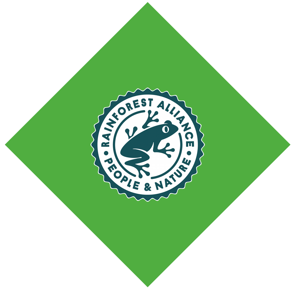 Логотип Rainforest Alliance с изображением лягушки.