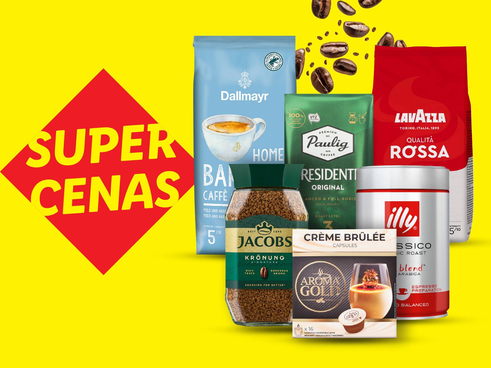 Dažādi kafijas zīmoli, tostarp Jacobs, Paulig, Lavazza un Illy, uz dzeltena fona.