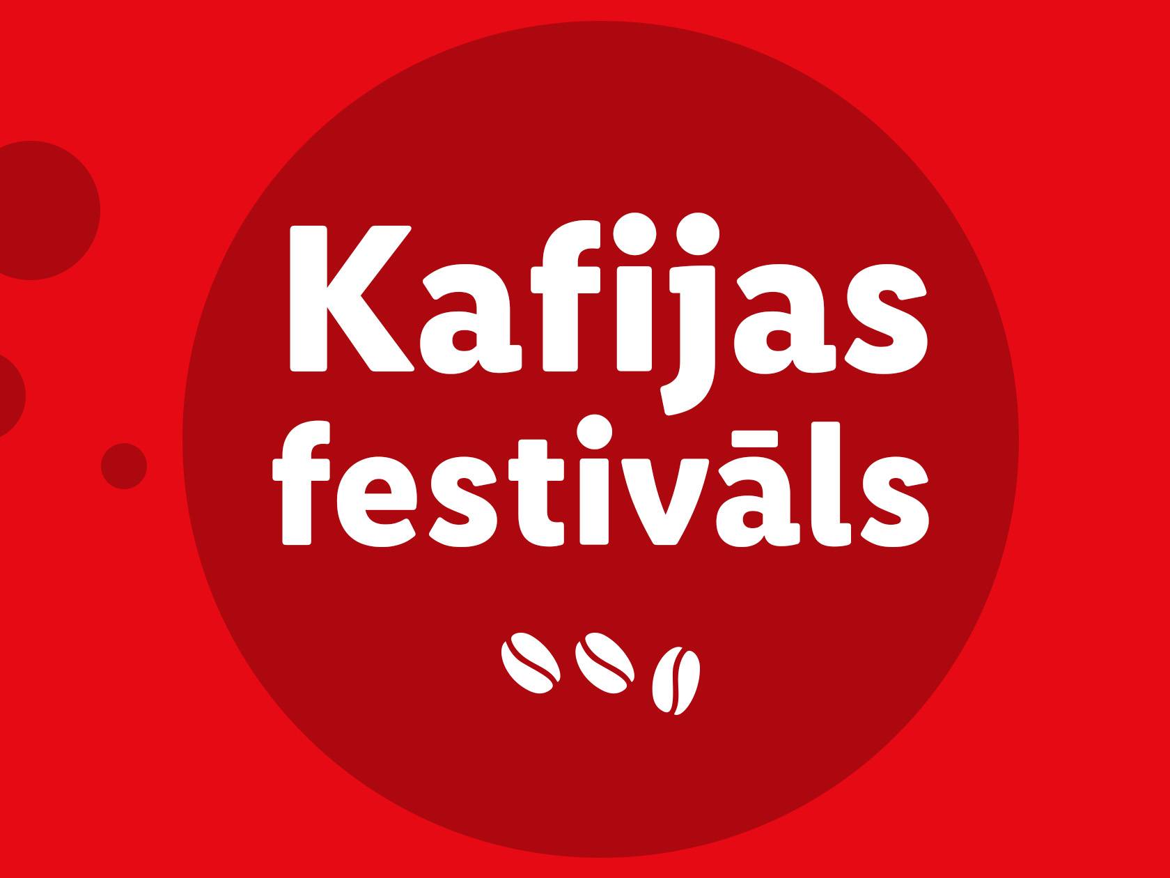 Sarkans plakāts ar uzrakstu 'Kafijas festivāls' un trim kafijas pupiņām.