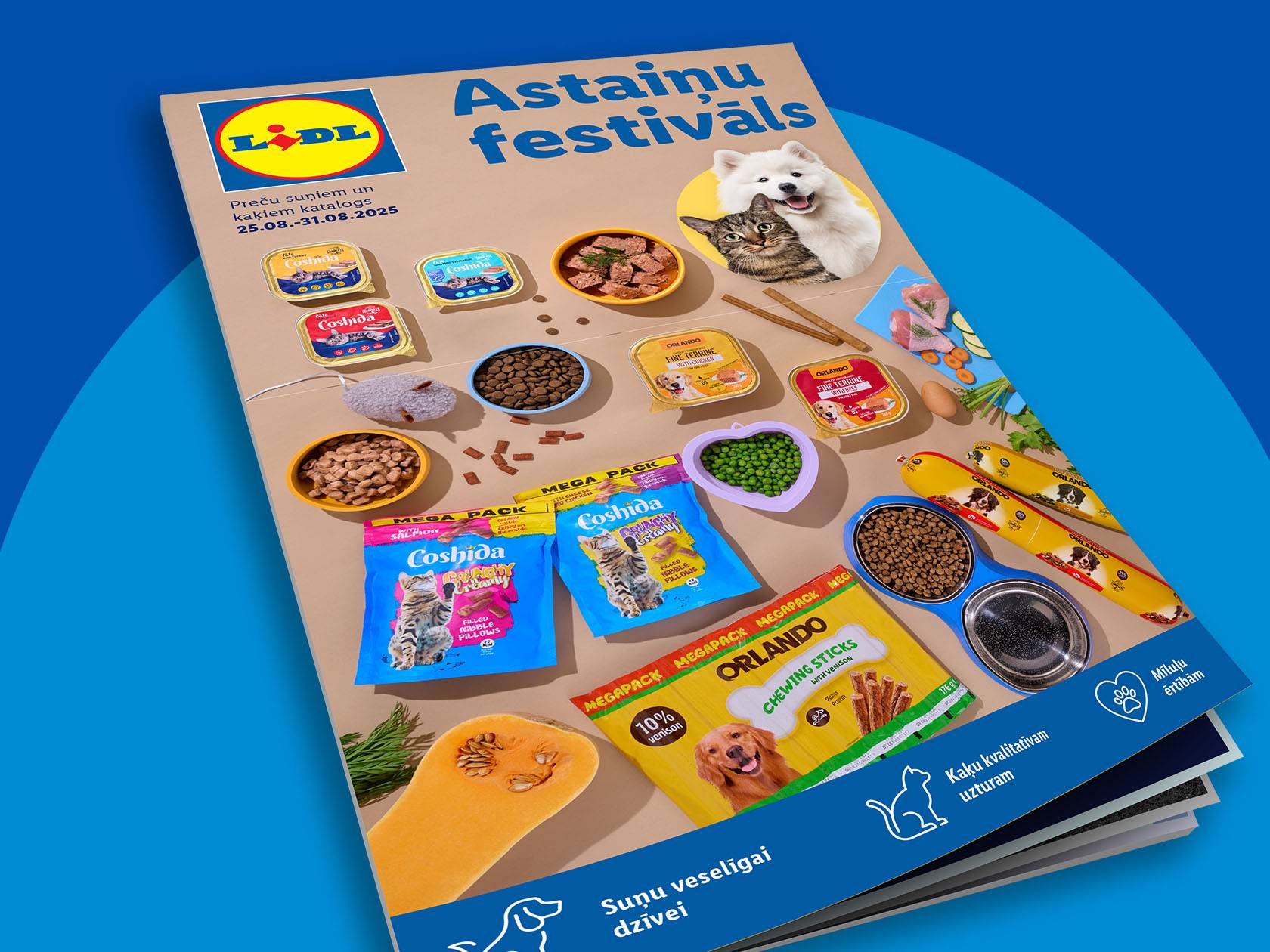 Lidl katalogs ar suņu un kaķu barību un gardumiem, ieskaitot Coshida un Orlando zīmolus.