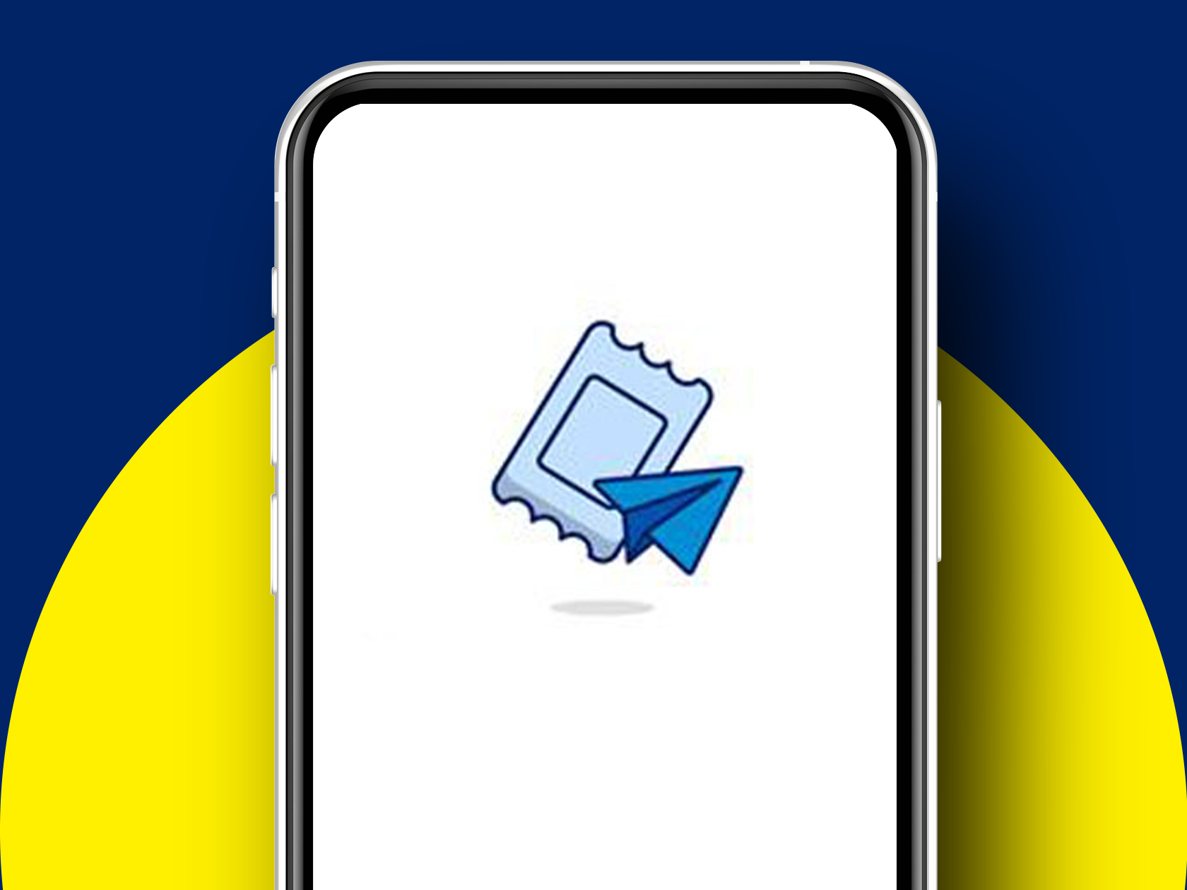 Viedtālrunis ar biļetes un papīra lidmašīnas ikonu uz balta ekrāna.