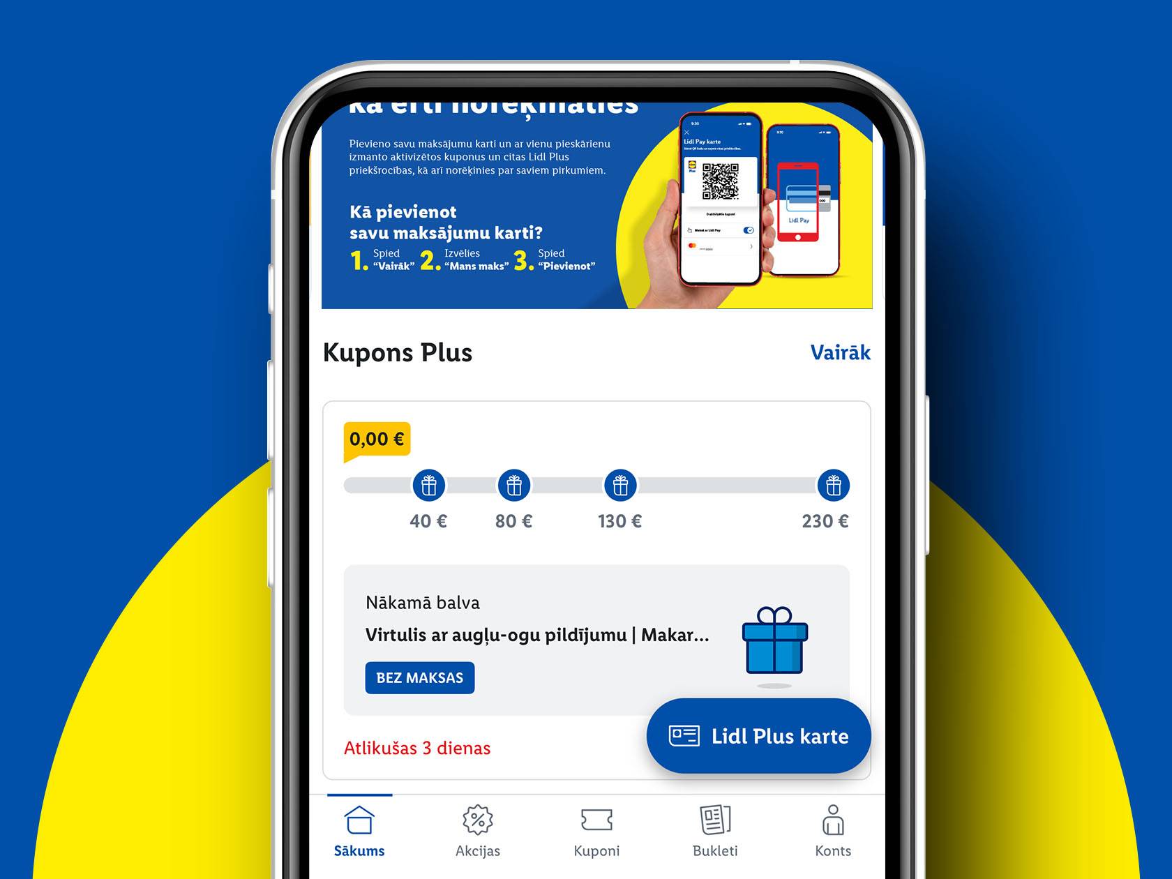 Mobilā lietotne ar informāciju par kuponiem, bonusiem un maksājumu veidiem.