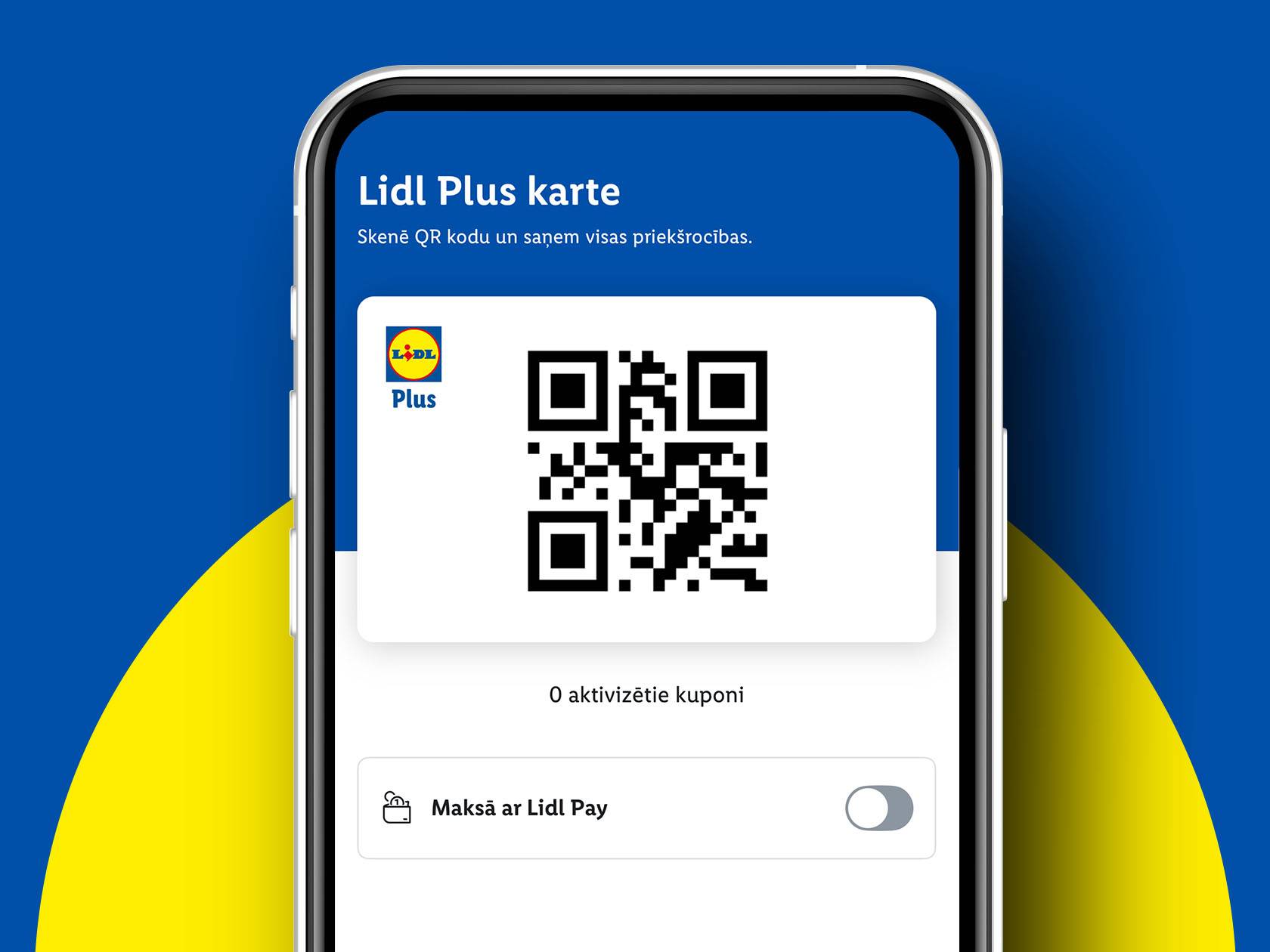 Mobilā lietotne ar lojalitātes kartes QR kodu un maksājuma iespēju.