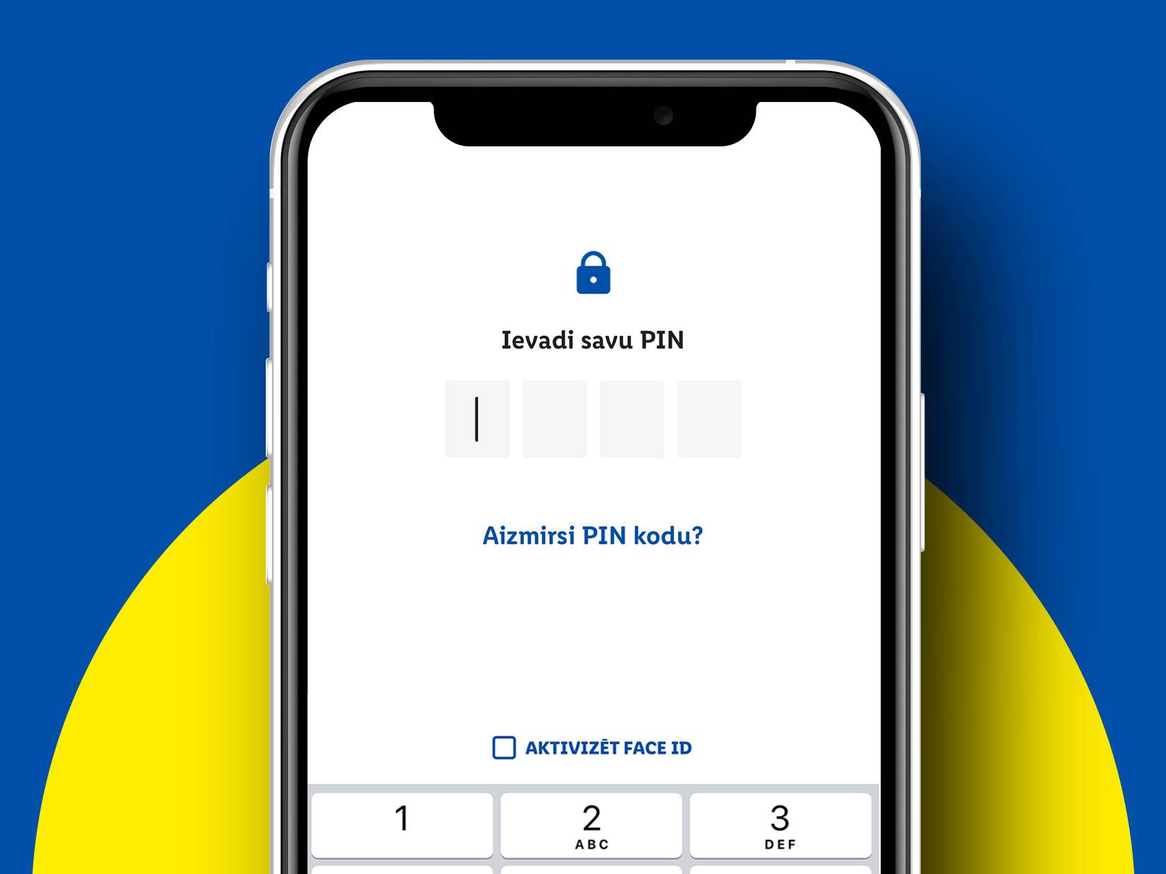 Viedtālruņa ekrāns ar PIN koda ievadi un Face ID opciju.
