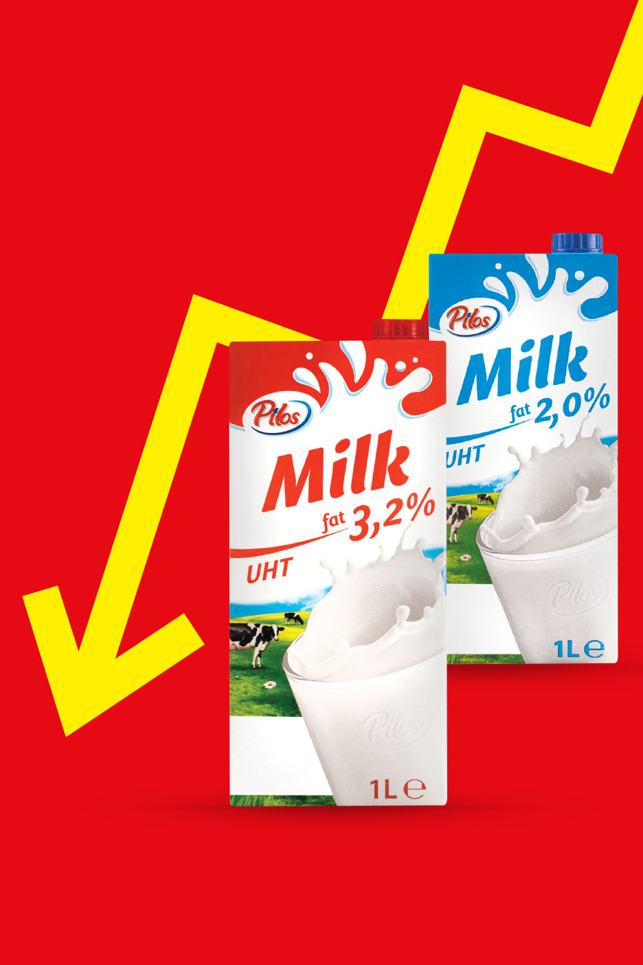 Pilos piens ar 3,2% un 2,0% tauku saturu uz sarkana fona ar dzeltenu bultu.