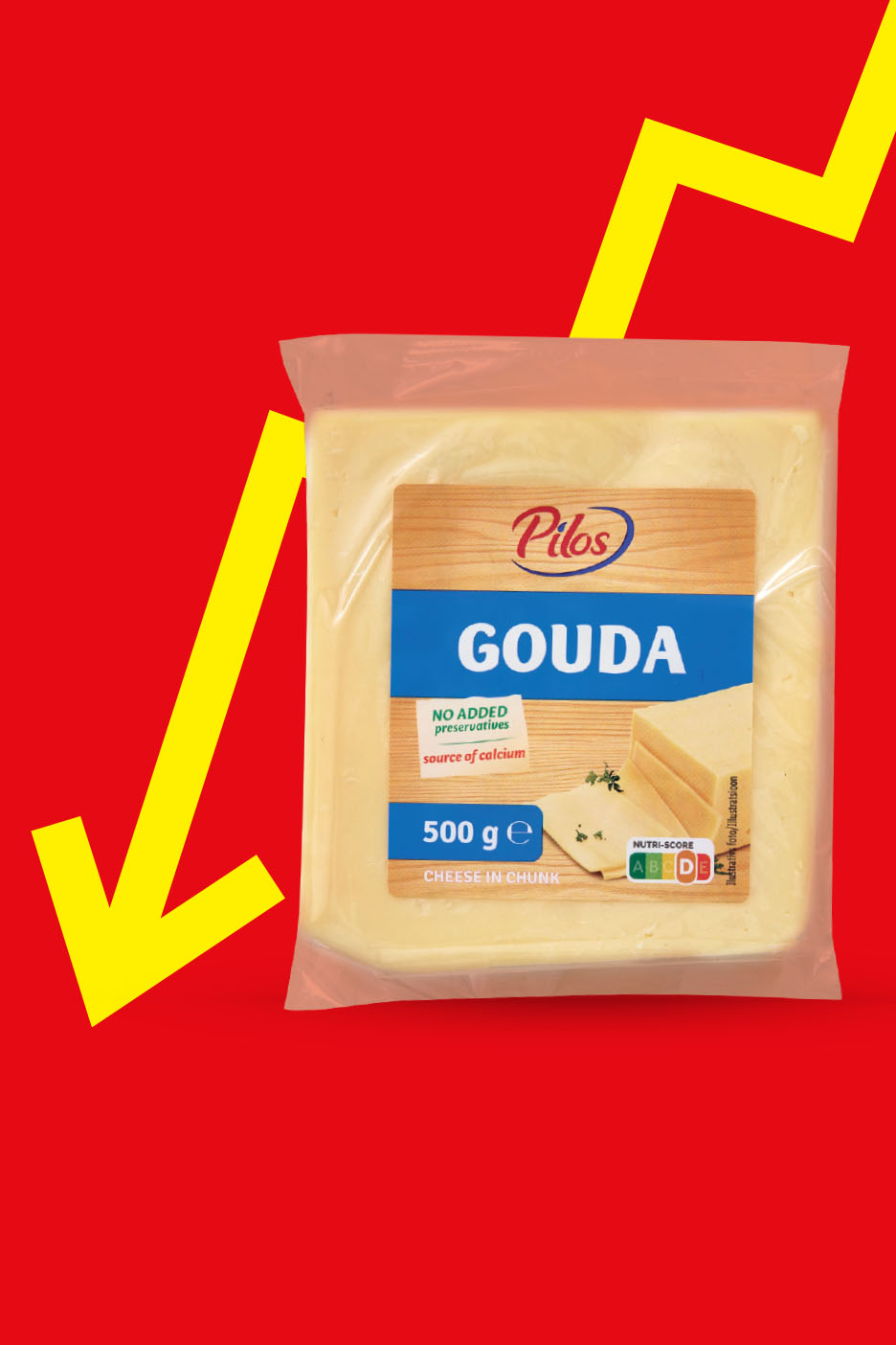 Pilos Gouda siera iepakojums 500 g uz sarkana fona ar dzeltenām bultām.