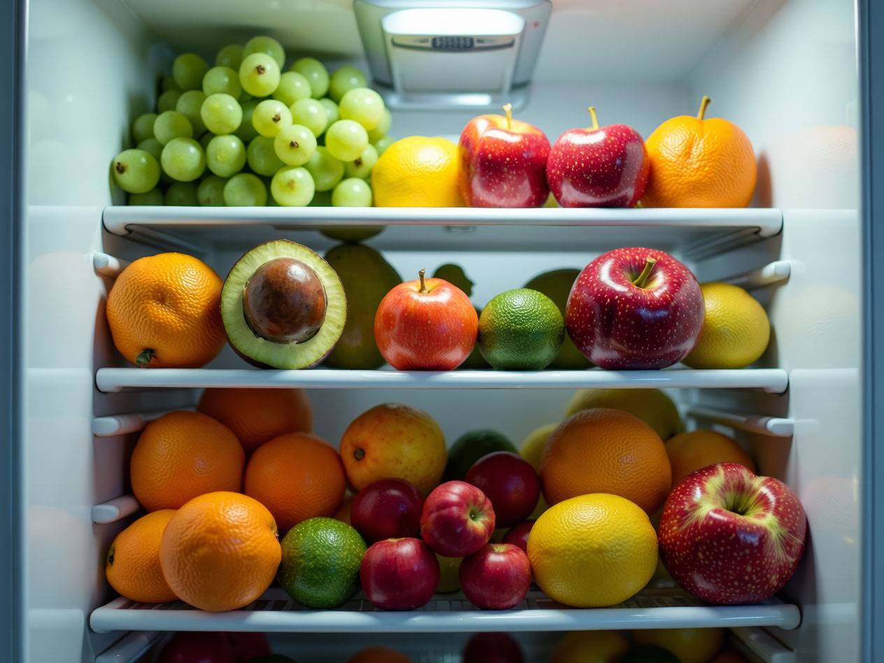 Zaļās vīnogas, āboli, apelsīni, avokado ledusskapī.